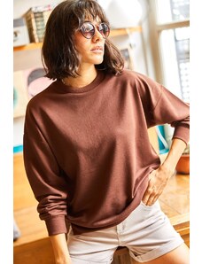 Olalook Women's Bitter Brown Crewneck Skirt With A Slit Basic Sweatshirt
