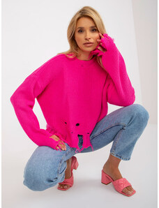 Fashionhunters Fluo růžový krátký asymetrický svetr s dírami od RUE PARIS
