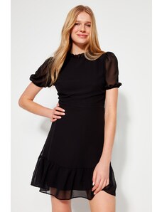 Trendyol černá sukně rovného střihu volán Mini šifon lemované tkané šaty