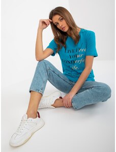 Fashionhunters Dámské modré bavlněné tričko s nápisy