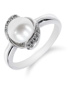 Stříbrný oválný rhodiovaný prsten s perlou - Meucci SMP11R