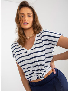 Fashionhunters Dámské pruhované tričko bílé a tmavě modré barvy s výstřihem do V
