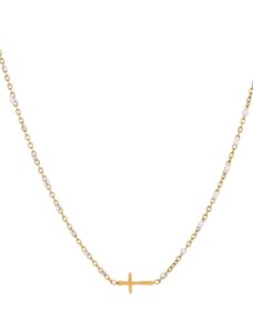 ORNAMENTI Pozlacený náhrdelník Cross White Beads gold