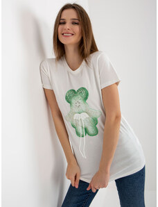 Fashionhunters Ecru-zelené bavlněné dámské tričko s 3D aplikací