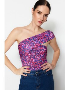 Trendyol Pink Patterned Asymmetric Collar Detailed Fitted/Situated Flexible Snaps Knitted Bodysuit