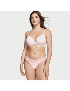 Victoria's Secret světle růžové bavlněné tanga kalhotky s krajkovým pasem Lace Waist Cotton Thong Panty