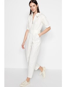 Trendyol Belted Weave Zipper Detailed Jumpsuit in Ecru