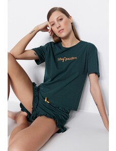 Trendyol Dark Green 100% Cotton Embroidered Ruffle Detail T-shirt-Shorts Knitted Pajamas Set