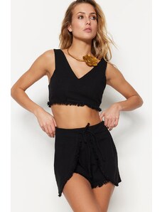 Trendyol Black Woven Blouse with Tassels and Shorts Set