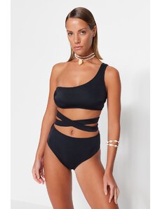Trendyol Black One-Shoulder Pile High Waist Bikini Set With Normal Legs
