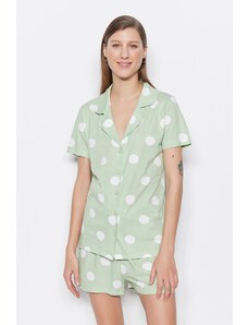 Trendyol Mint 100% Cotton Polka Dot Shirt-Shorts Knitted Pajama Set