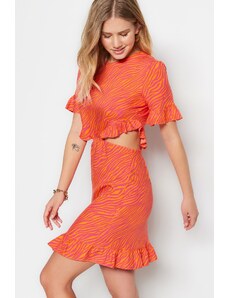Trendyol oranžové zvířecí vzorované volánková sukně Mini tkané šaty