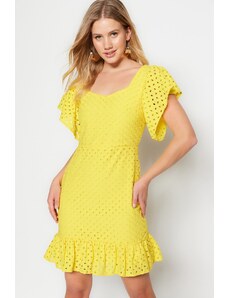 Trendyol žlutá sukně volánková tkaná brode zadní detail mini tkané šaty
