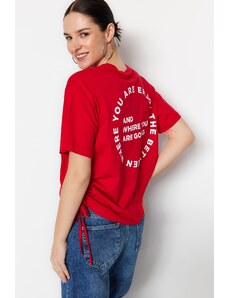 Trendyol Red 100% Cotton Back Printed Gather Detailed Boyfriend Fit Crew Neck T-Shirt