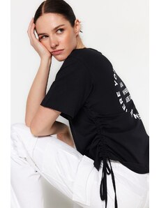 Trendyol Black 100% Cotton Back Printed Gather Detailed Boyfriend Fit Crew Neck T-Shirt