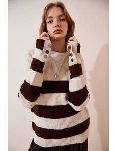 Happiness İstanbul Women's Cream Brown Zippered Turtleneck Striped Knitwear Sweater