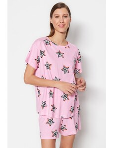Trendyol Pink 100% Cotton Star Patterned T-shirt-Shorts Knitted Pajamas Set