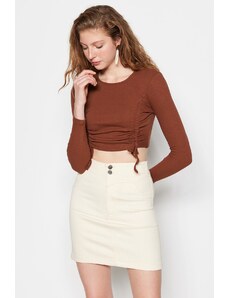 Trendyol Brown Smocking Detail Fitted Crop Crew Neck Ribbed Cotton Stretch Knitted Blouse