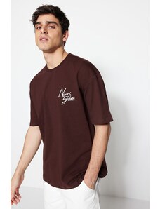 Trendyol Brown Relaxed/Comfortable Cut Short Sleeve Text Printed 100% Cotton T-Shirt