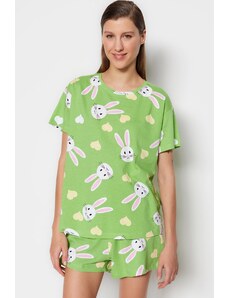 Trendyol Green 100% Cotton Heart Rabbit Pattern T-shirt-Shorts Knitted Pajamas Set