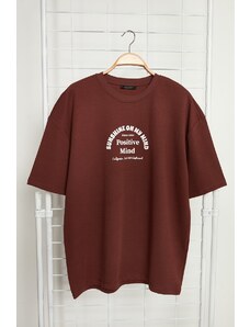Trendyol Brown Oversize Crew Neck Short Sleeve Text Printed Cotton Thick T-Shirt