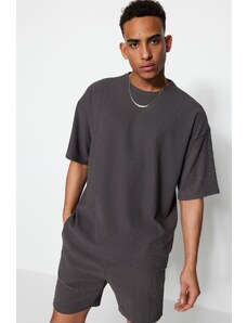 Trendyol Limited Edition Basic Gray Oversize/Wide Fit Textured Anti-Wrinkle Ottoman T-Shirt