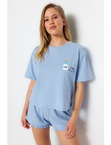 Trendyol Blue Cotton Printed T-shirt-Shorts Knitted Pajama Set