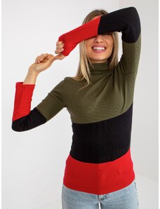 Fashionhunters Khaki-červená dámská basic halenka s žebrovaným rolákem