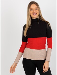 Fashionhunters Základní černo-červená žebrovaná bavlněná halenka s rolákem