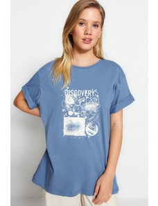 Trendyol Indigo 100% Cotton Printed Boyfriend/Wide Fit Crew Neck Knitted T-Shirt