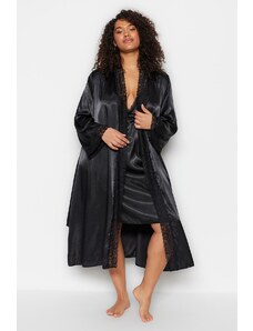 Trendyol Curve Black Belted Satin Woven Lace Dressing Gown