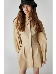Koton Shirt Dress with Pleated Waist Long Sleeve Cotton Cuff Collar