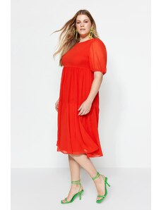 Trendyol Curve červené tkané šifonové šaty s balónovými rukávy