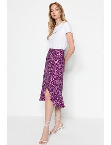 Trendyol Purple Printed High Waist Midi Stretchy Knitted Skirt with Gather Detail and Flounce