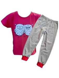 Betty Mode (ušito v ČR) Dívčí pyžamo Betty Mode krátký rukáv / dlouhé nohavice růžové sovičky