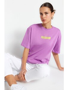 Trendyol Lilac 100% Cotton Slogan Printed Relaxed/Comfortable Fit Crew Neck Knitted T-Shirt