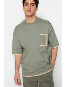 Trendyol Khaki Oversize Pocket Color Block 100% Cotton T-Shirt