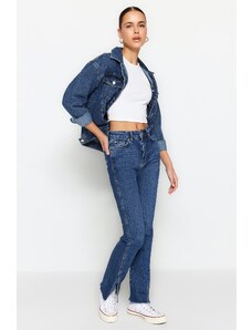 Trendyol Navy Blue Rozparek s vysokým pasem Slim Flare Jeans