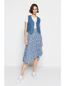 Trendyol Indigo Patterned Ruffle Asymmetrical High Waist Midi Stretch Knit Skirt