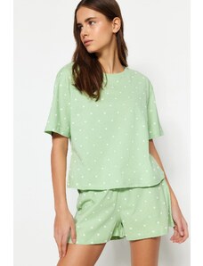 Trendyol Mint 100% Cotton Heart Patterned T-shirt-Shorts Knitted Pajamas Set