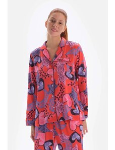 Dagi Pomegranate Flower Patterned Shirt Collar Satin Pajama Top