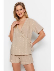 Trendyol Beige 100% Cotton Striped Wide Fit Woven Pajama Set