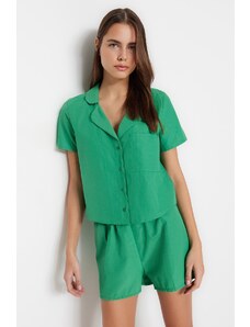 Trendyol Green Terrycotton Shirt-Shorts Woven Pajama Set
