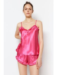 Trendyol Fuchsia Ruffled Satin Tank Top-Shorts Woven Pajama Set