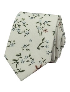 Quentino Smetanová (ecru) pánská bavlněná kravata s modro hnědými květy