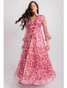 Aroop Sheer Floral Pleated Maxi Dress - Pink