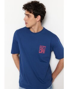 Trendyol Indigo Relaxed Crew Neck Text Printed T-Shirt