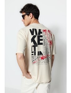 Trendyol Stone Relaxed/Comfortable Cut Text Printed 100% Cotton T-Shirt