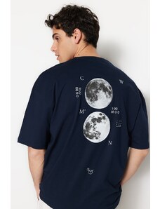 Trendyol Navy Blue Oversize/Wide-Fit Space Printed Label Detail 100% Cotton T-Shirt