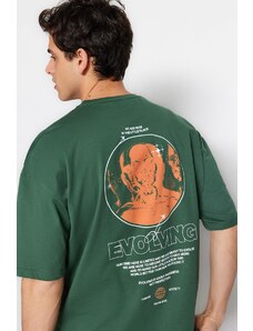 Trendyol zelené pánské oversize/široký střih posádky krk krátký rukáv text tištěný 100% bavlněné tričko.
